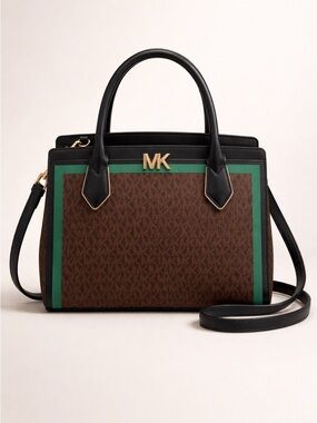 Michael Kors Brown Logo Satchel with Green Trim and Black Handles